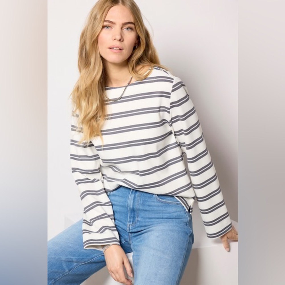 Evereve Ariel Mariner Top White/Charcoal Breton Stripe Crew Neck Long Sleeve XS